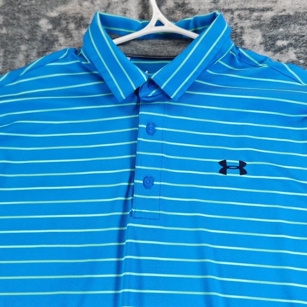 Under Armour Playoff Polo Shirt Mens Size XL Blue Striped Short Sleeve Stretch